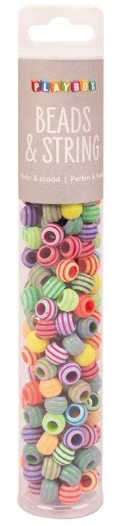 Obrázek produktu: Korálky barevné plastové v tubě + šňůrka, 180 ks, pastelové pruhované