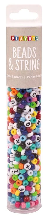 Korálky barevné plastové v tubě + šňůrka, 650 ks, mix různých tvarů
