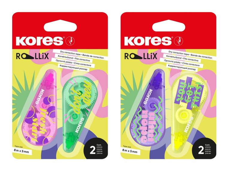 Korekční strojek Kores Rollix 8 m × 5 mm - 2 ks na blistru, mix barev