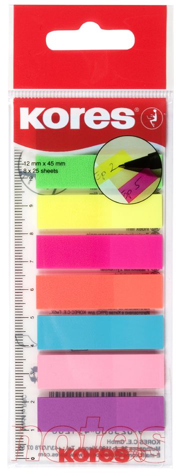 Kores Neonové záložky Index Strips na pravítku 45 × 12 mm, 8 barev