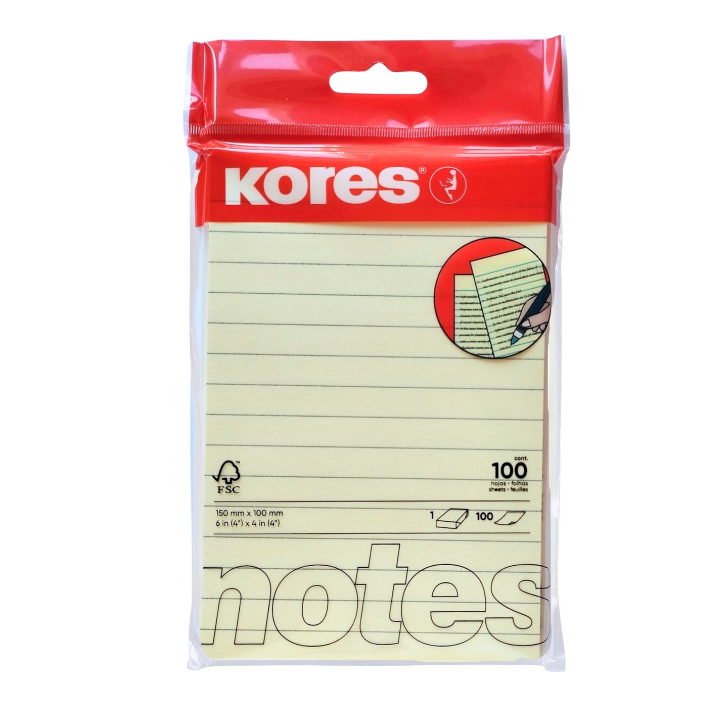 Kores Samolepicí bloček 150 × 100 mm 100 lístků - žlutý linkovaný