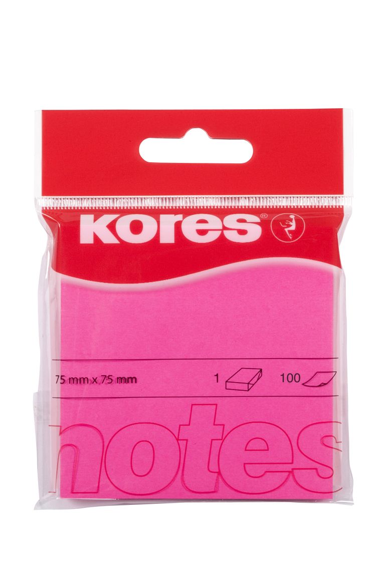 Samolepicí bločky Kores - neonové 75 x 75 mm, 100 listů růžové