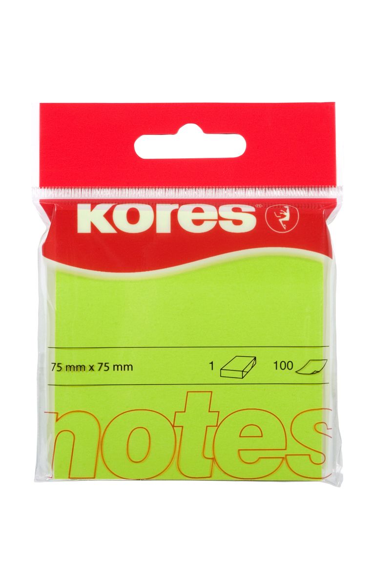 Samolepicí bločky Kores - neonové 75 x 75 mm, 100 listů zelené