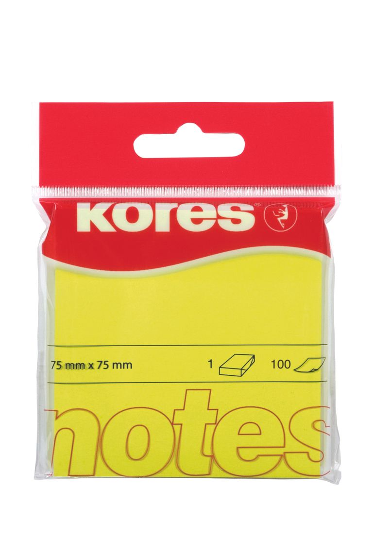 Samolepicí bločky Kores - neonové 75 x 75 mm, 100 listů žluté