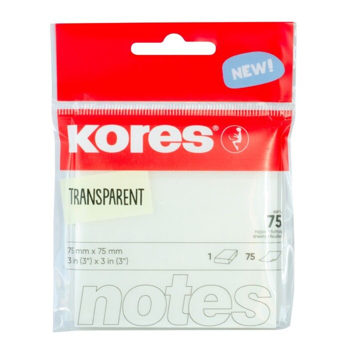 Transparentní samolepicí bloček Kores 75 x 75 mm, 75 líistů Kores