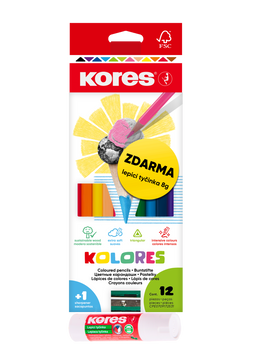 Obrázek produktu: Kores Trojhranné pastelky Kolores 12 barev s ořezávátkem + 8 g lepicí tyčinka ZDARMA