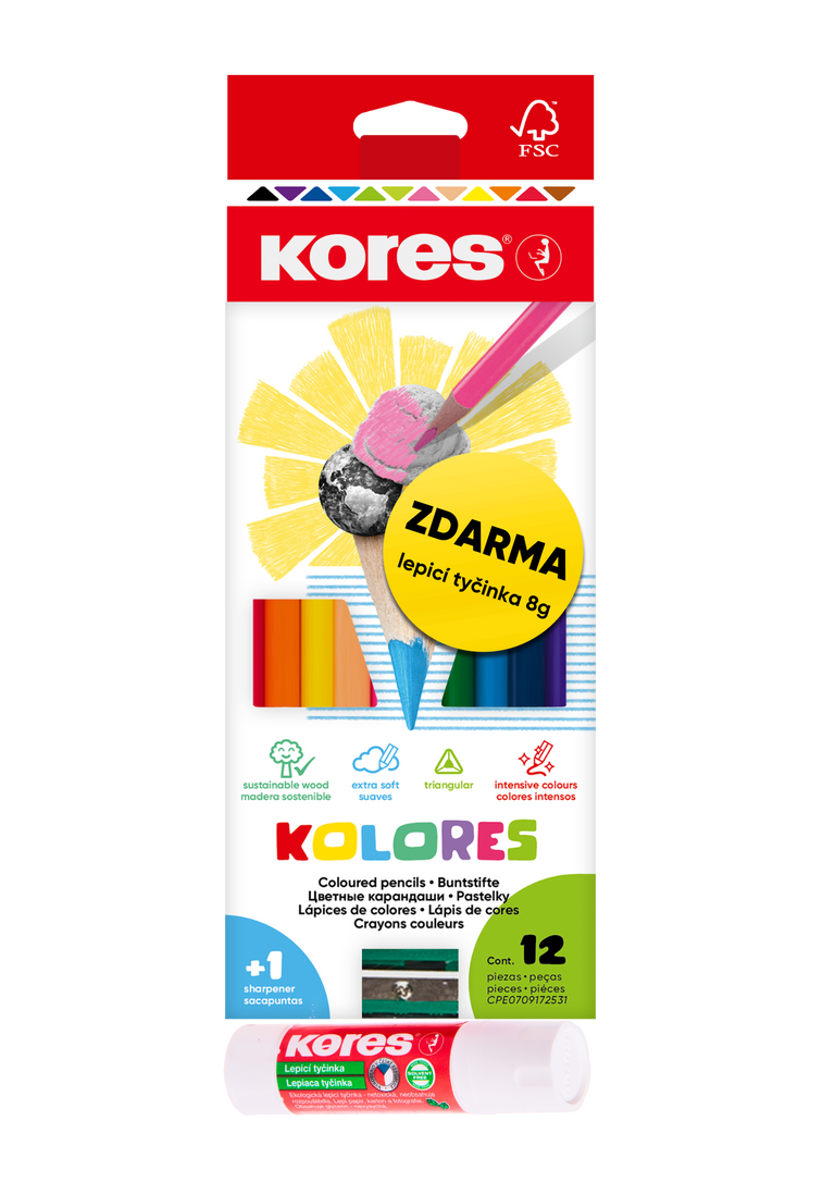 Kores Trojhranné pastelky Kolores 12 barev s ořezávátkem + 8 g lepicí tyčinka ZDARMA