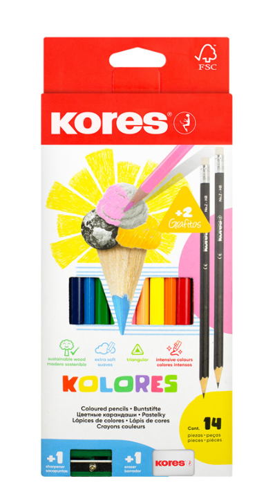 Kores Trojhranné pastelky Kolores 12ks + 2x tužka Grafitos 2=HB + ořezávátko + guma
