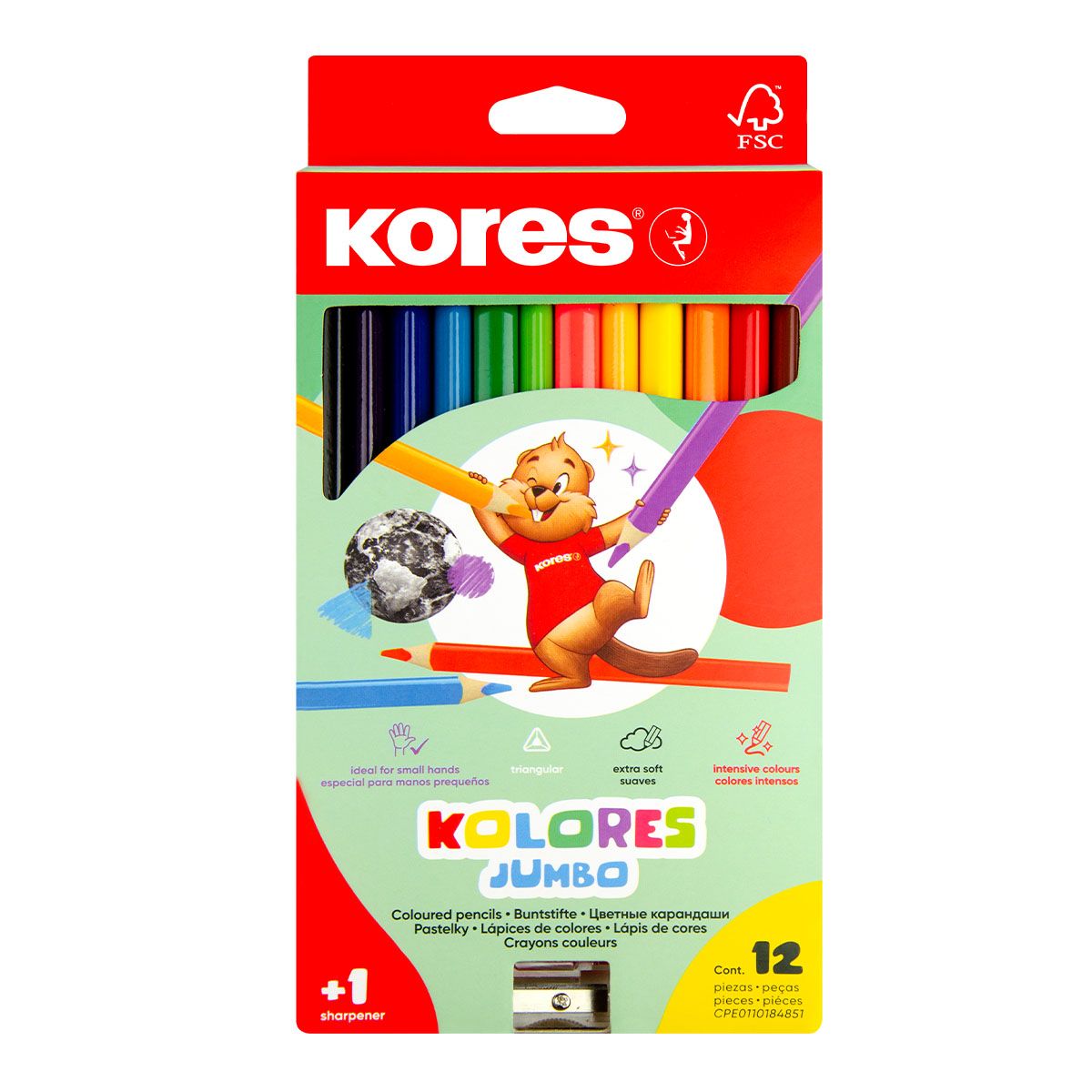 Kores Trojhranné pastelky Kolores Jumbo 5 mm, 12 barev s ořezávátkem