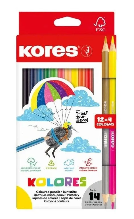 Kores Trojhranné pastelky Kolores SET 14 ks, 12 + 4 barvy