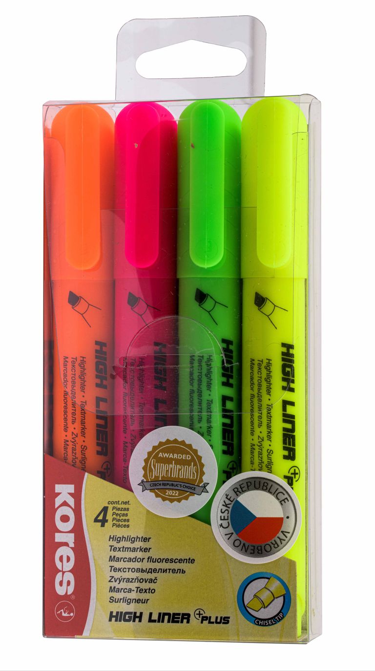 Zvýrazňovač Kores High Liner Plus sada 4 barev