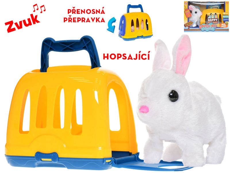 Králíček plyšový 17 cm na baterie se zvukem skákající s přepravkou