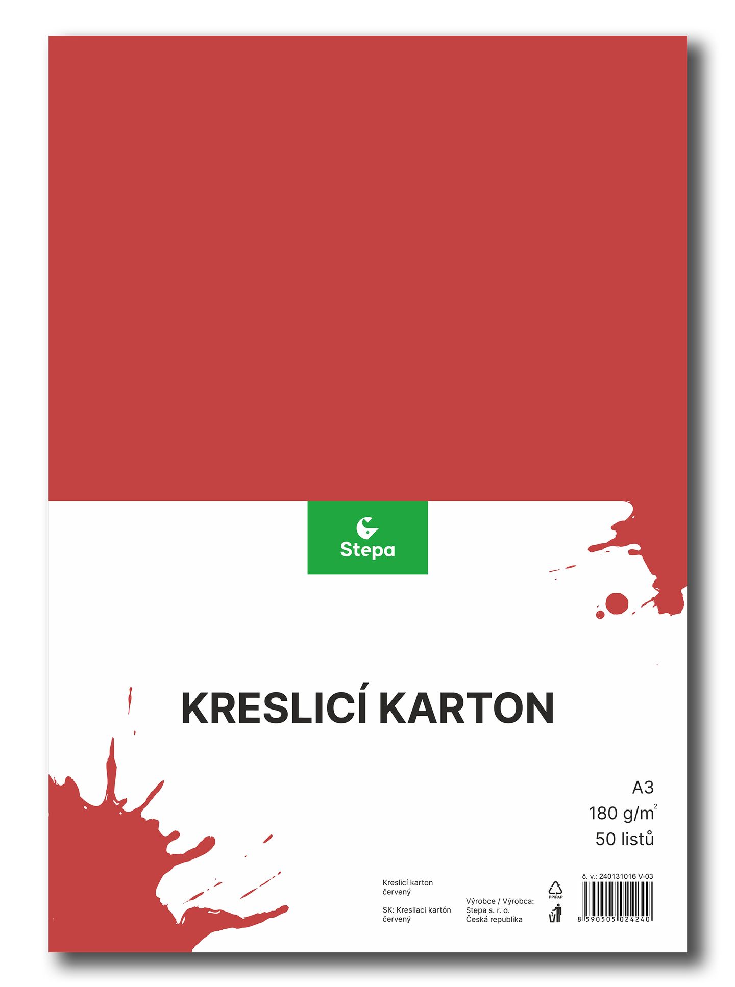 Kreslicí karton barevný A3 - 180g - 50 ks - červený