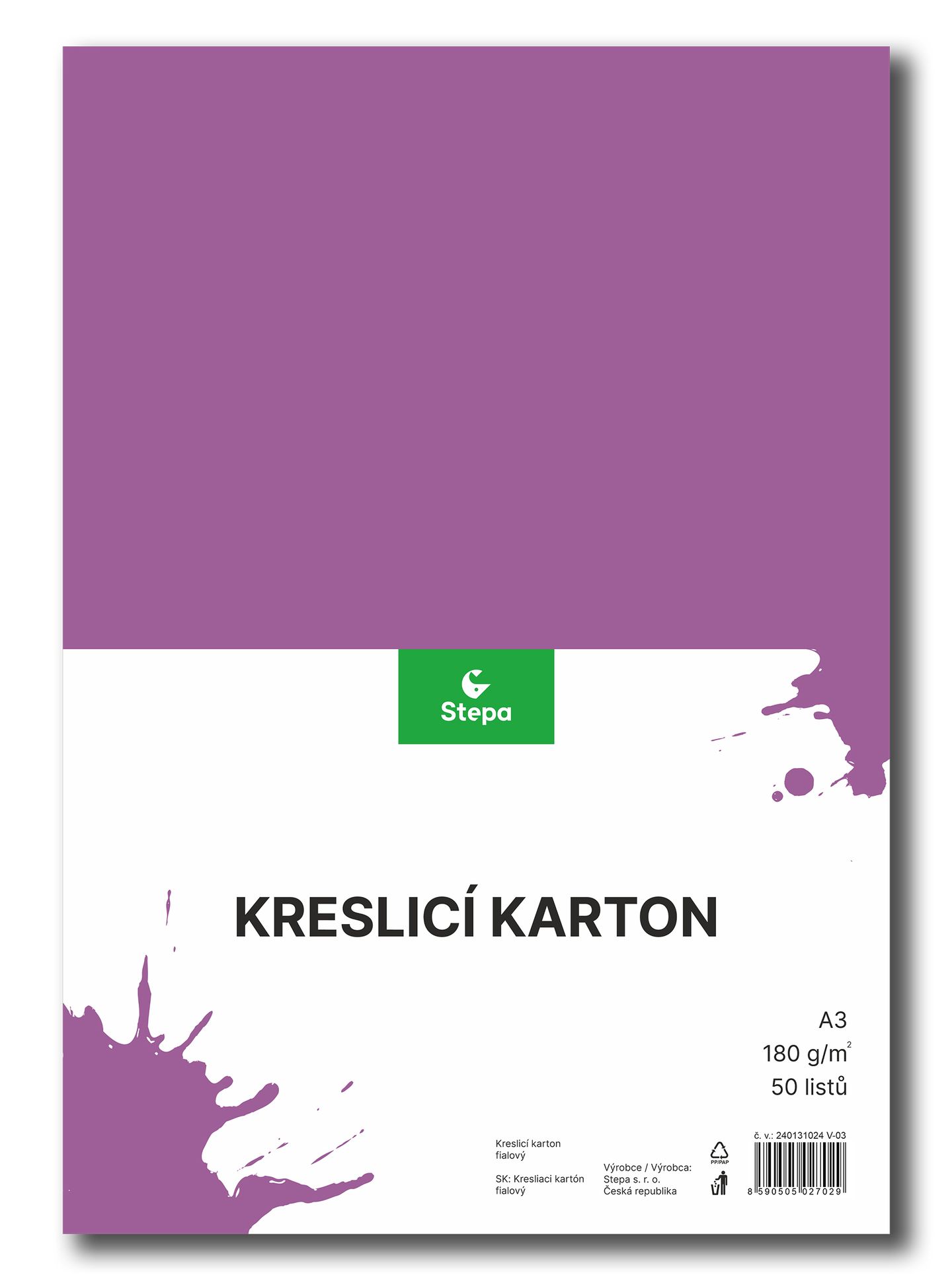 Kreslicí karton barevný A3 - 180g - 50 ks - fialový