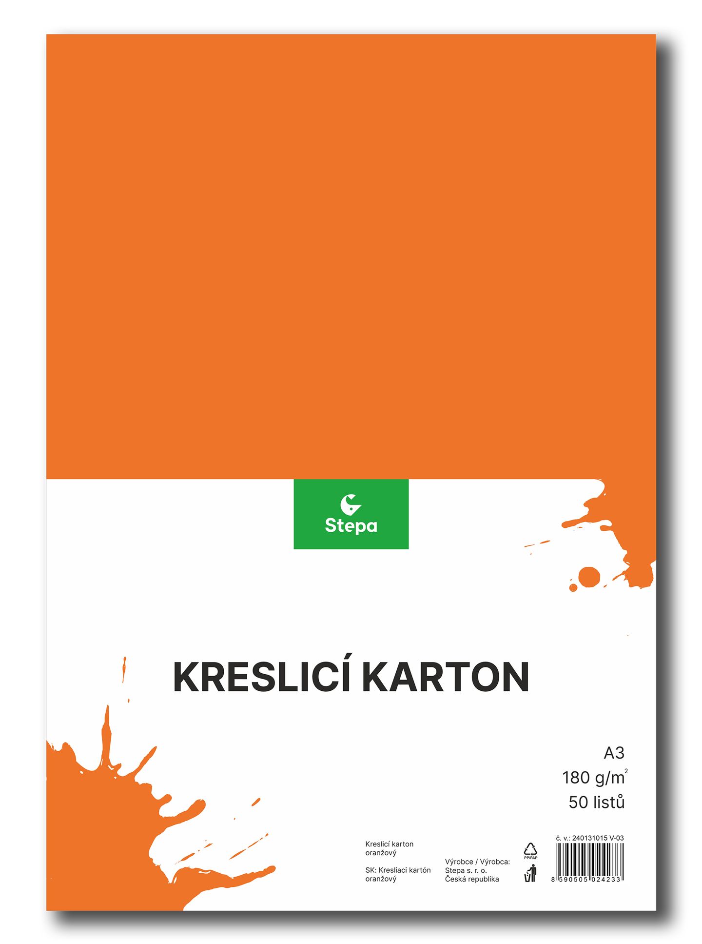 Kreslicí karton barevný A3 - 180g - 50 ks - oranžový