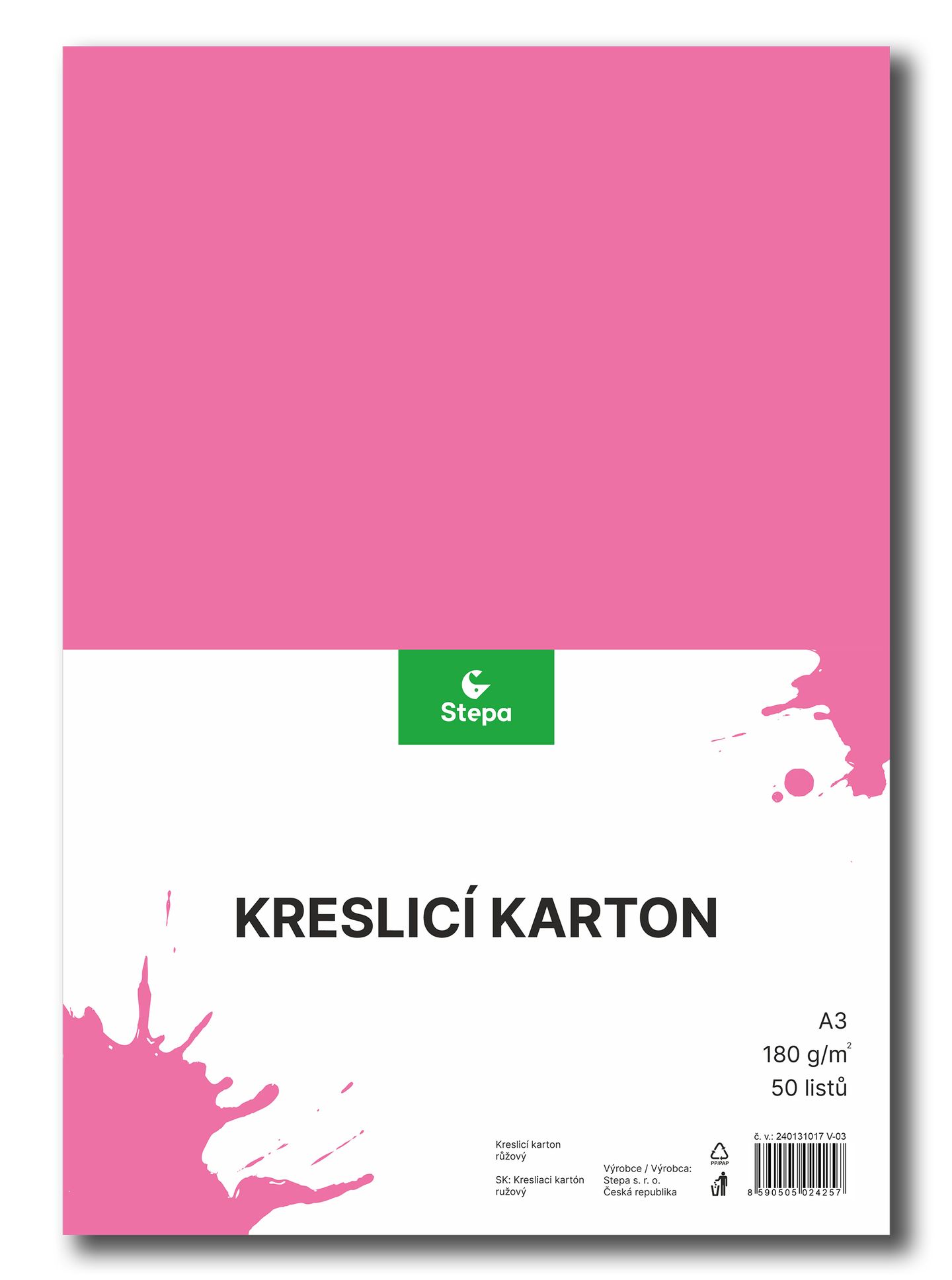Kreslicí karton barevný A3 - 180g - 50 ks - růžový