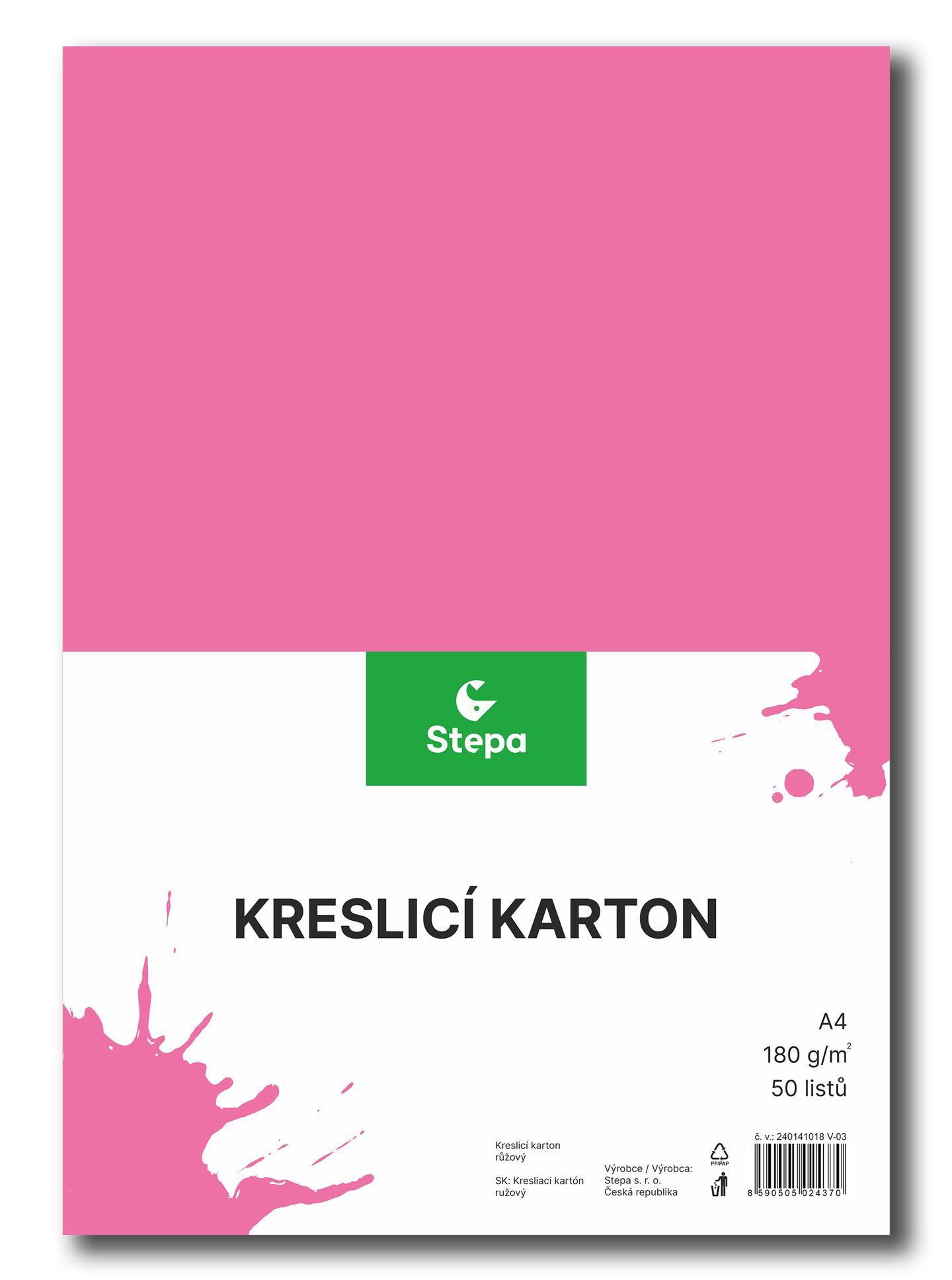 Kreslicí karton barevný A4 - 180g - 50 ks - růžový