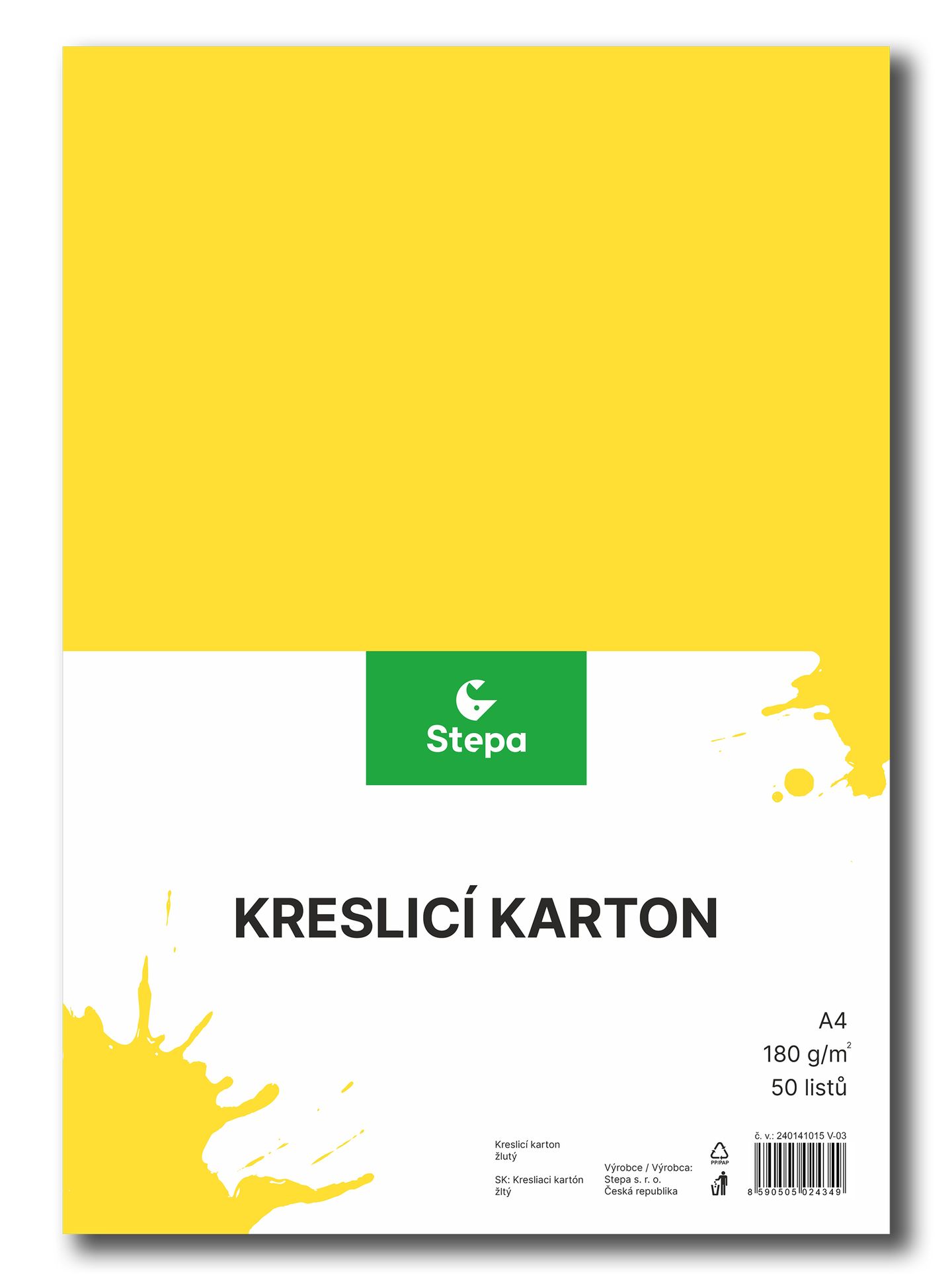 Kreslicí karton barevný A4 - 180g - 50 ks - žlutý