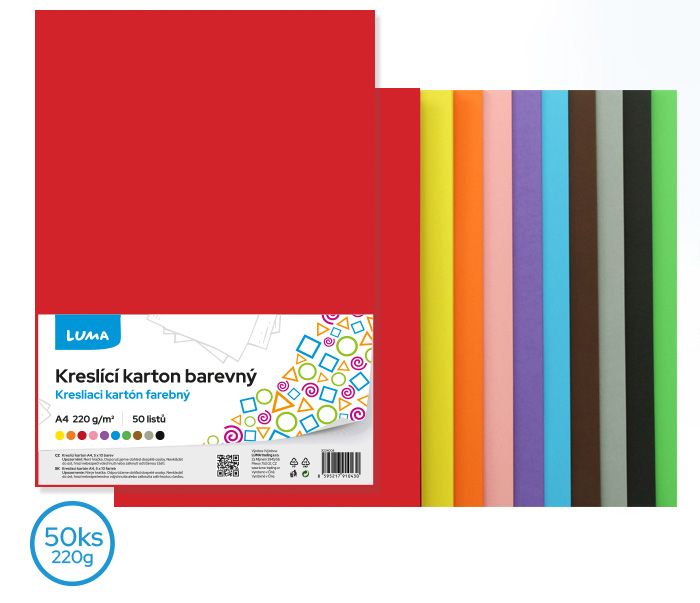 Kreslící karton LUMA barevný A4, 220g/m² - 50 ks