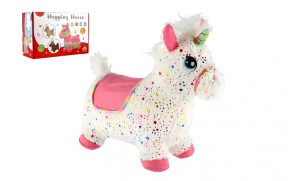 Teddies hopsadlo jednorožec plyš bílý s hvězdičkami výš. sedla 23cm na bat. se zvukem