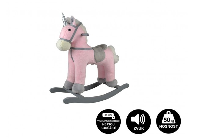 Teddies Kůň houpací růžový jednorožec plyš na bat. 71cm se zvukem a pohybem nosnost 50kg