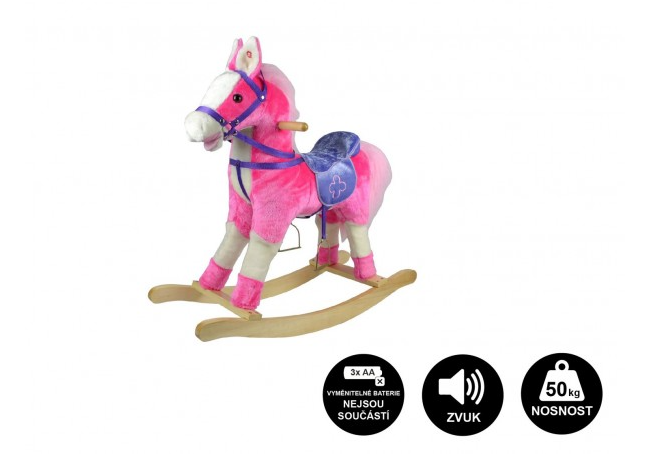 Kůň houpací růžový plyš na baterie 71 cm se zvukem a pohybem, nosnost 50 kg