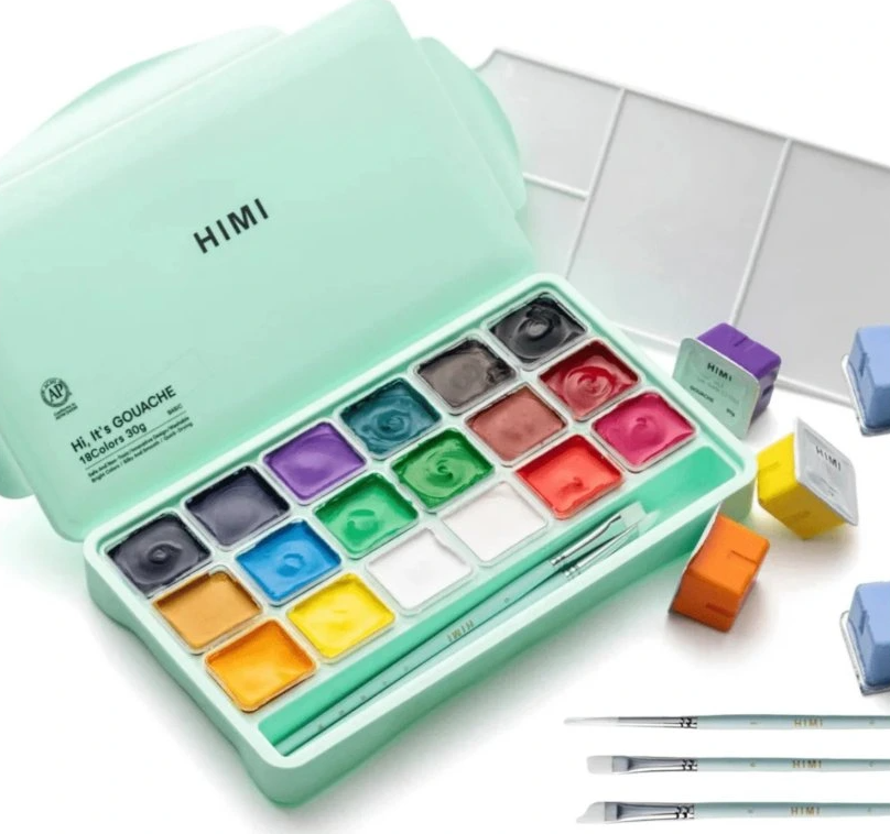 Kvašové barvy HIMI - Jelly Cup Gouache Set - 18 barev + 3 štětce - Green Edition