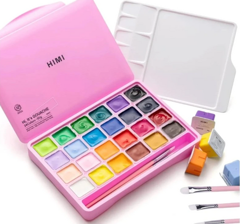 Obrázek produktu: Kvašové barvy HIMI - Jelly Cup Gouache Set - 24 barev + 3 štětce (Pink Case Edition)