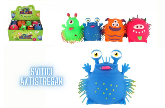 Míček příšerka antistresový mačkací silikon 11 cm na baterie se světlem, mix