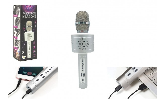 Mikrofon karaoke Bluetooth na baterie s USB kabelem v krabici 10x28x8,5cm – Stříbrný