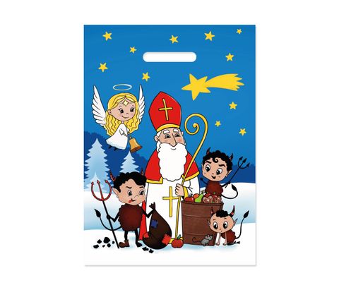 Obrázek produktu: Mikulášská taška 25 × 35 cm bílá - Mikuláš, anděl a čertíci