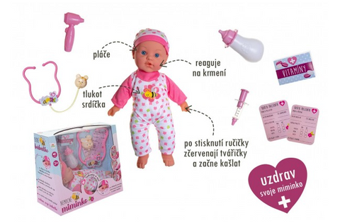 Obrázek produktu: Miminko nemocné měkké tělo 36 cm plast s doplňky na baterie se zvukem a se světlem