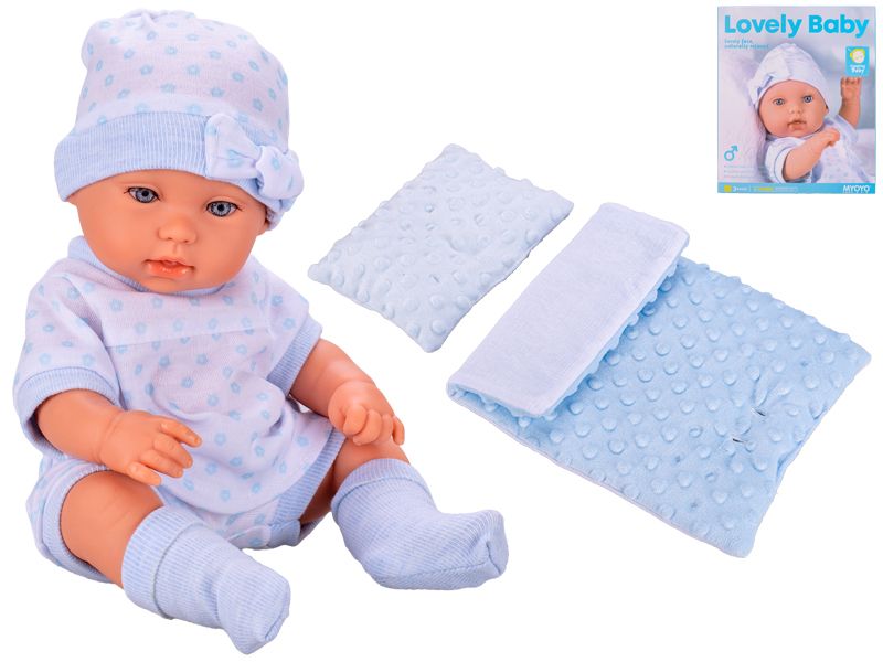 Miminko tvrdé tělo 33 cm modré s peřinkami