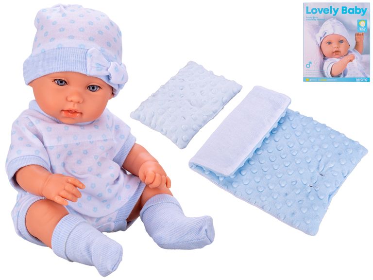 Miminko tvrdé tělo 33 cm modré s peřinkami