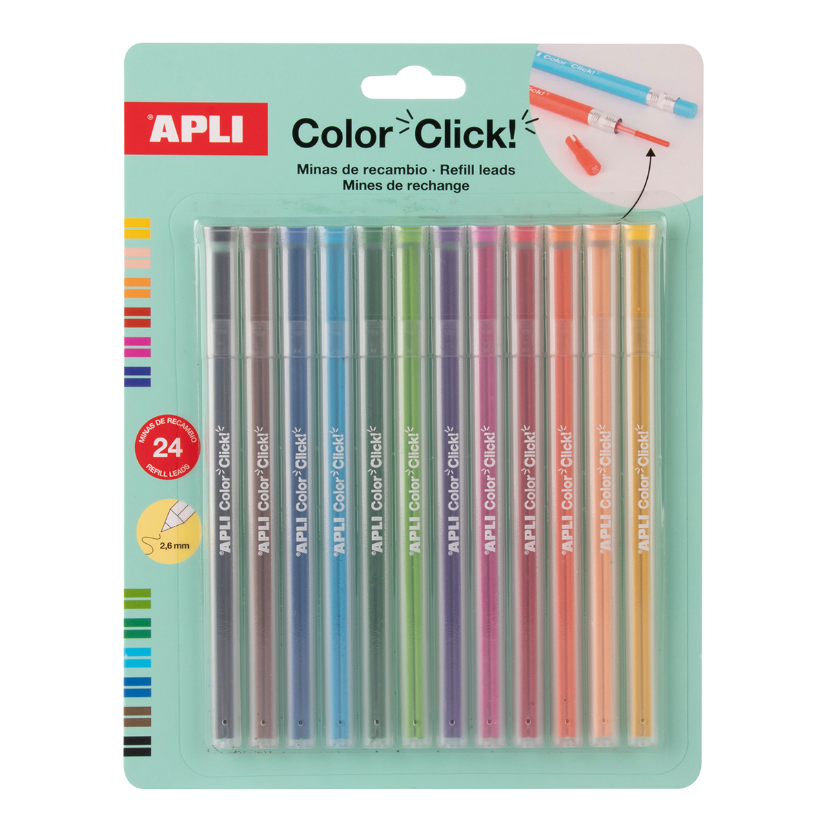 Náhradní tuhy pro stiskací pastelky APLI - Color Click, 2 × 12 ks, blistr, mix barev