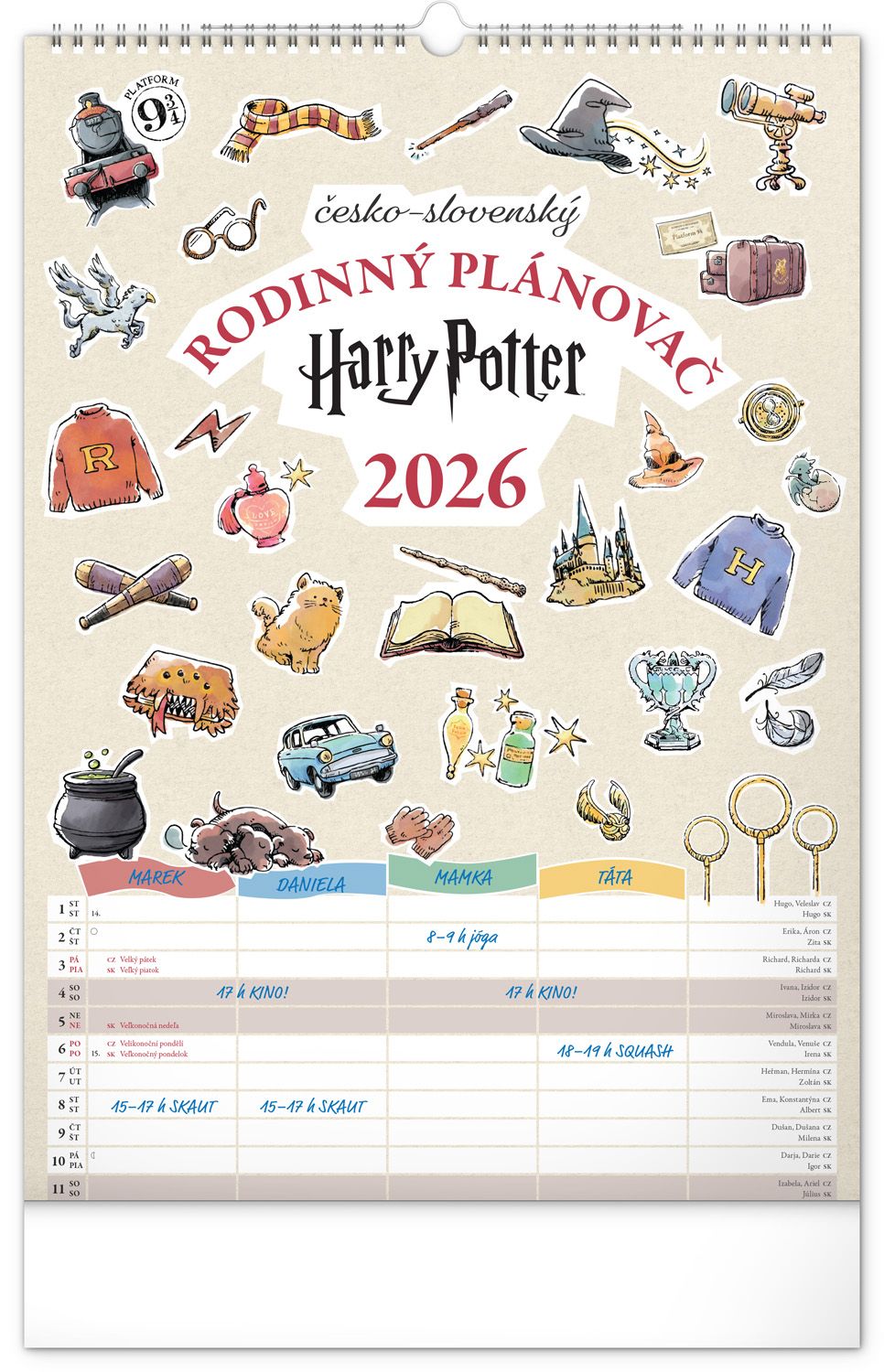 Nástěnný kalendář rodinný plánovací Harry Potter 2026, 33 × 46 cm