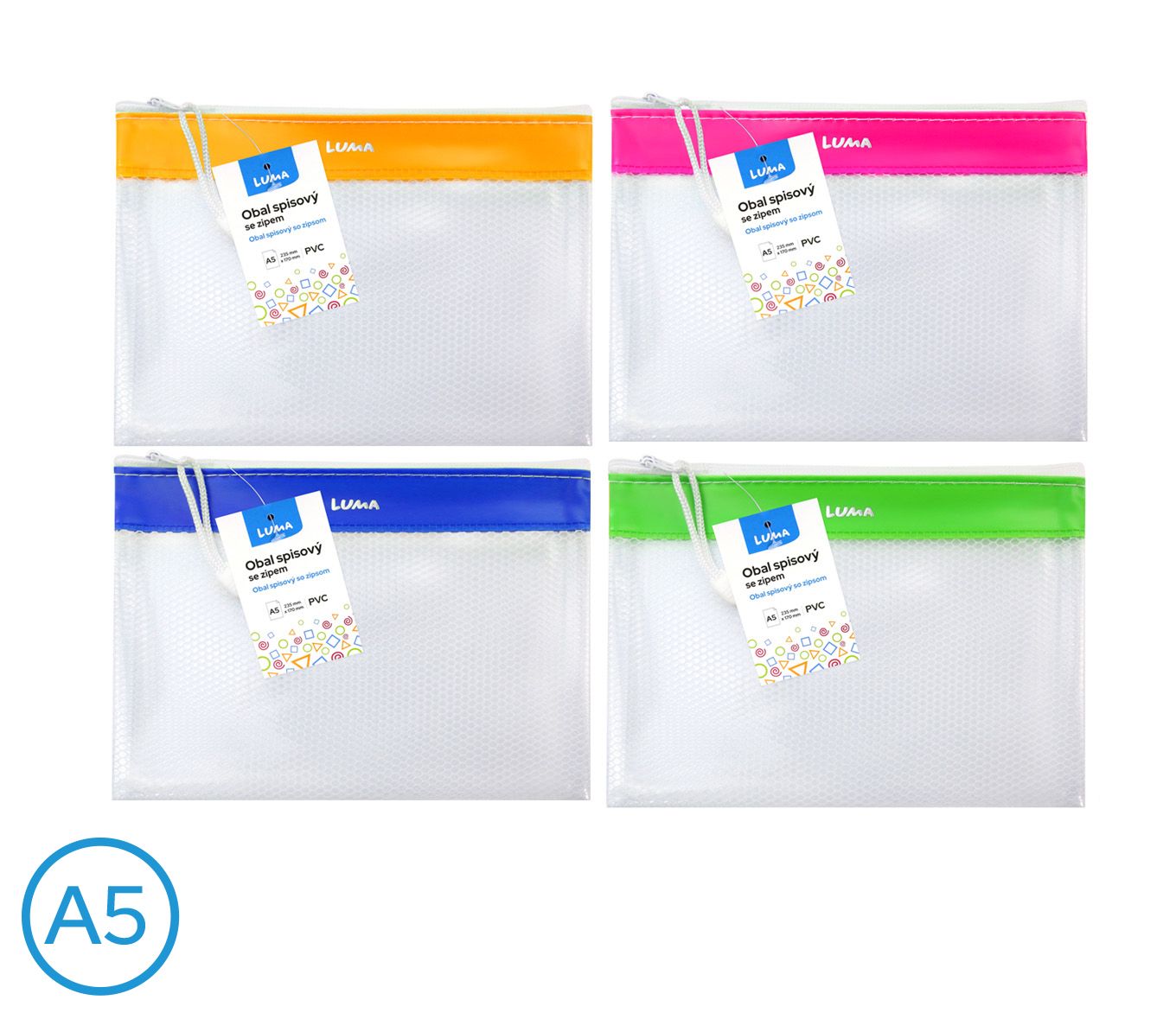 Obal spisový se zipem LUMA A5 PVC síťovaný - mix barev