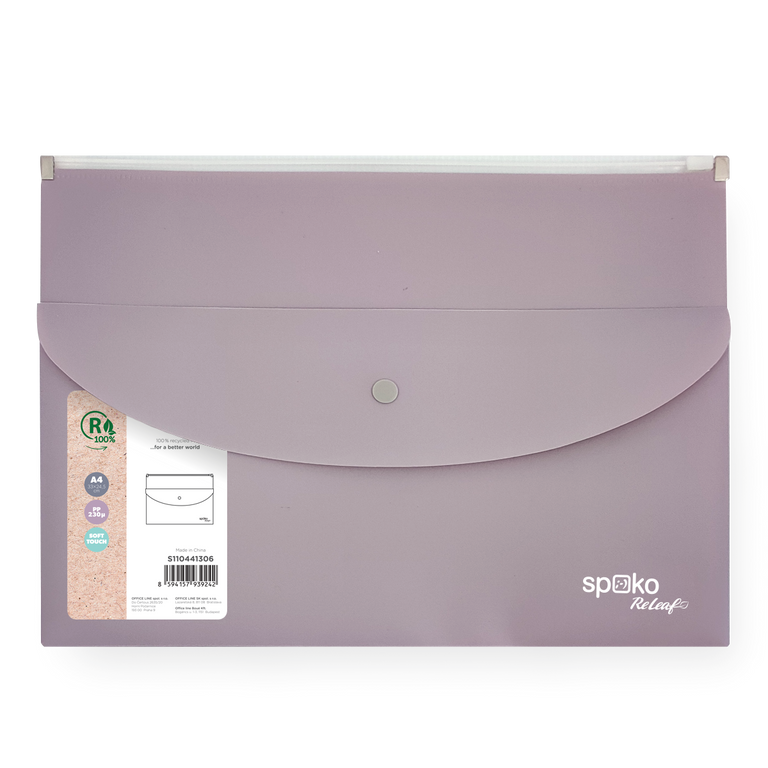 Obálka se zipem Spoko ReLeaf A4 + kapsa s drukem PP - fialová