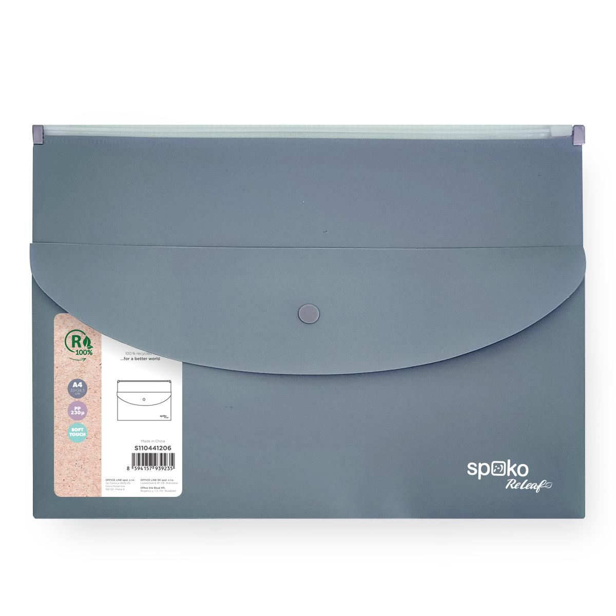 Obálka se zipem Spoko ReLeaf A4 + kapsa s drukem PP - šedá