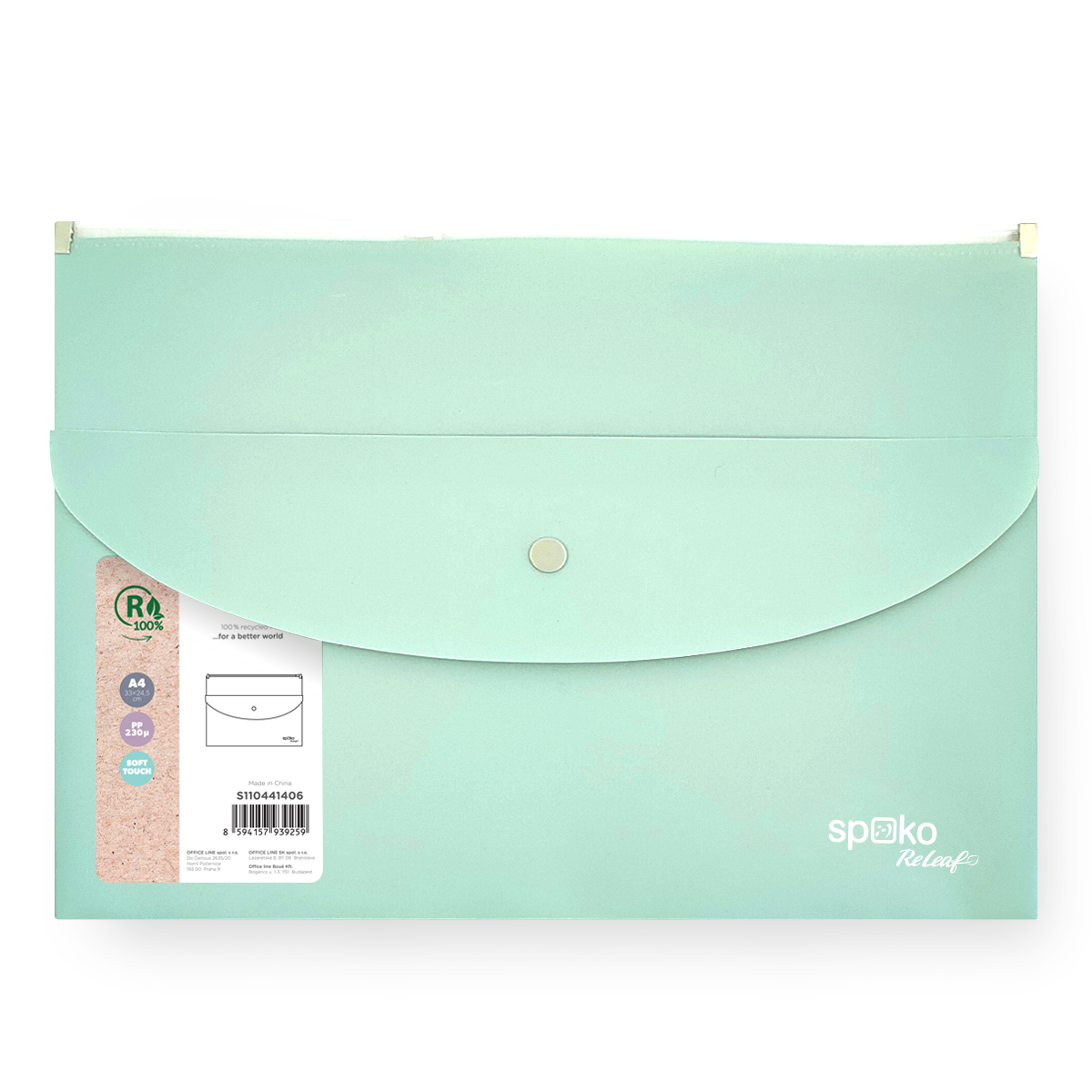 Obálka se zipem Spoko ReLeaf A4 + kapsa s drukem PP - zelená