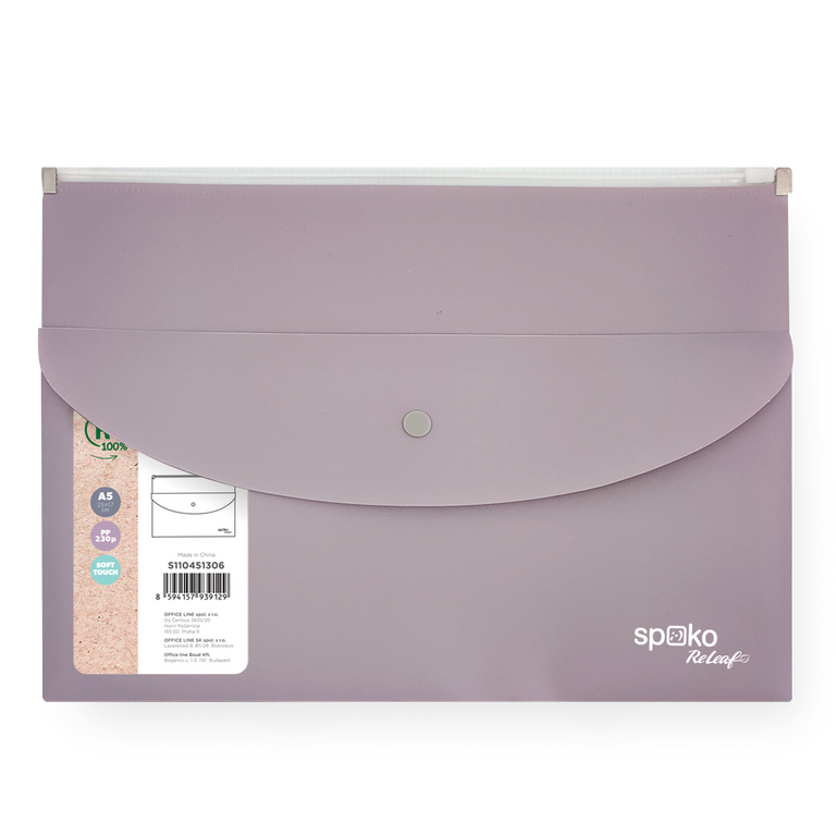 Obálka se zipem Spoko ReLeaf A5 + kapsa s drukem PP - fialová