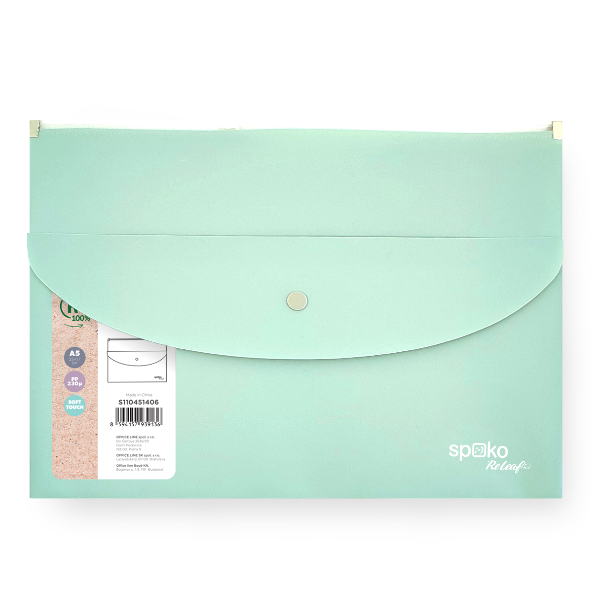 Obálka se zipem Spoko ReLeaf A5 + kapsa s drukem PP - zelená
