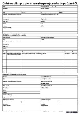 Obrázek produktu: Ohlašovací list pro přepravu nebezpečných odpadů po území ČR, samopropis 2l. složka