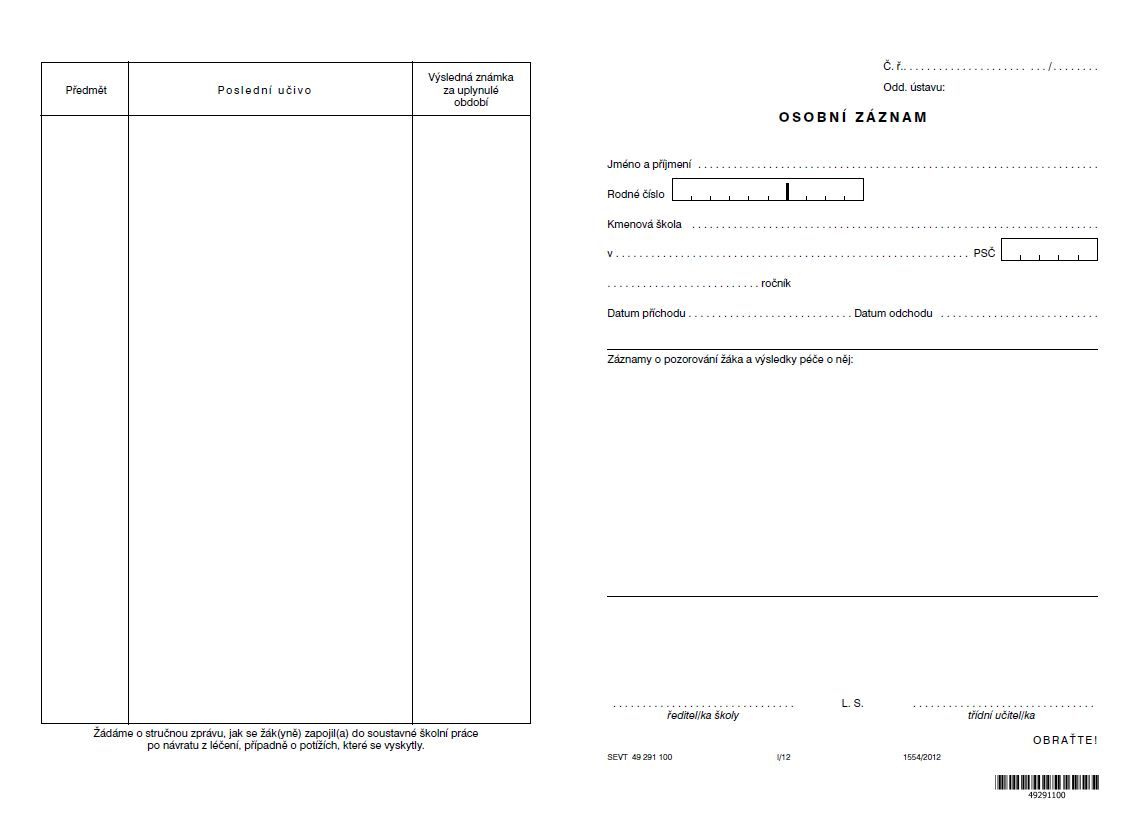 Osobní záznam - školy při nemocnicích