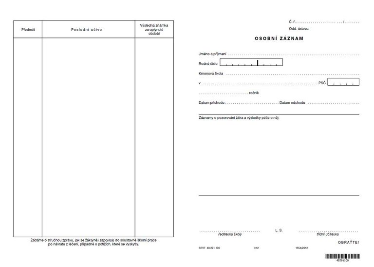 Osobní záznam - školy při nemocnicích