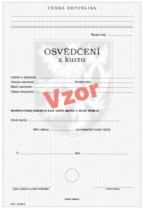 Osvědčení o absolvování jednoletého jazykového kurzu cizích jazyků s denní výukou