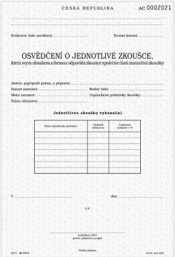 Obrázek produktu: Osvědčení o jednotlivé zkoušce, která svým obsahem a formou odpovídá zkoušce společné části maturit