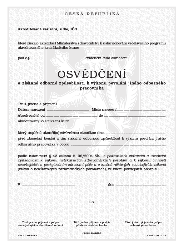 Levně Osvědčení o získané odborné způsobilosti k výkonu povolání jiného odborního pracovníka