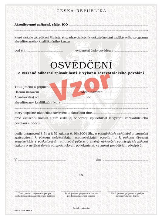 Levně Osvědčení o získané odborné způsobilosti k výkonu zdravotnického povolání