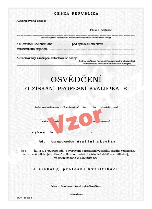 Osvědčení o získání profesní kvalifikace (právnické osoby)